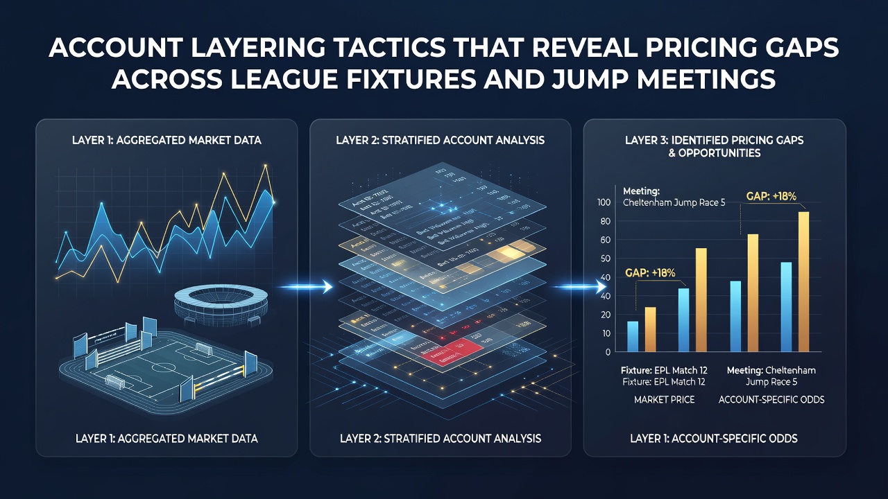 Diagram showing multiple betting accounts connected across football and horse racing markets with highlighted price discrepancies