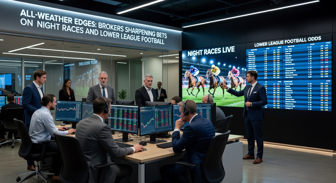 Broker dashboard displaying live odds comparisons for a lower league football match and all-weather horse race