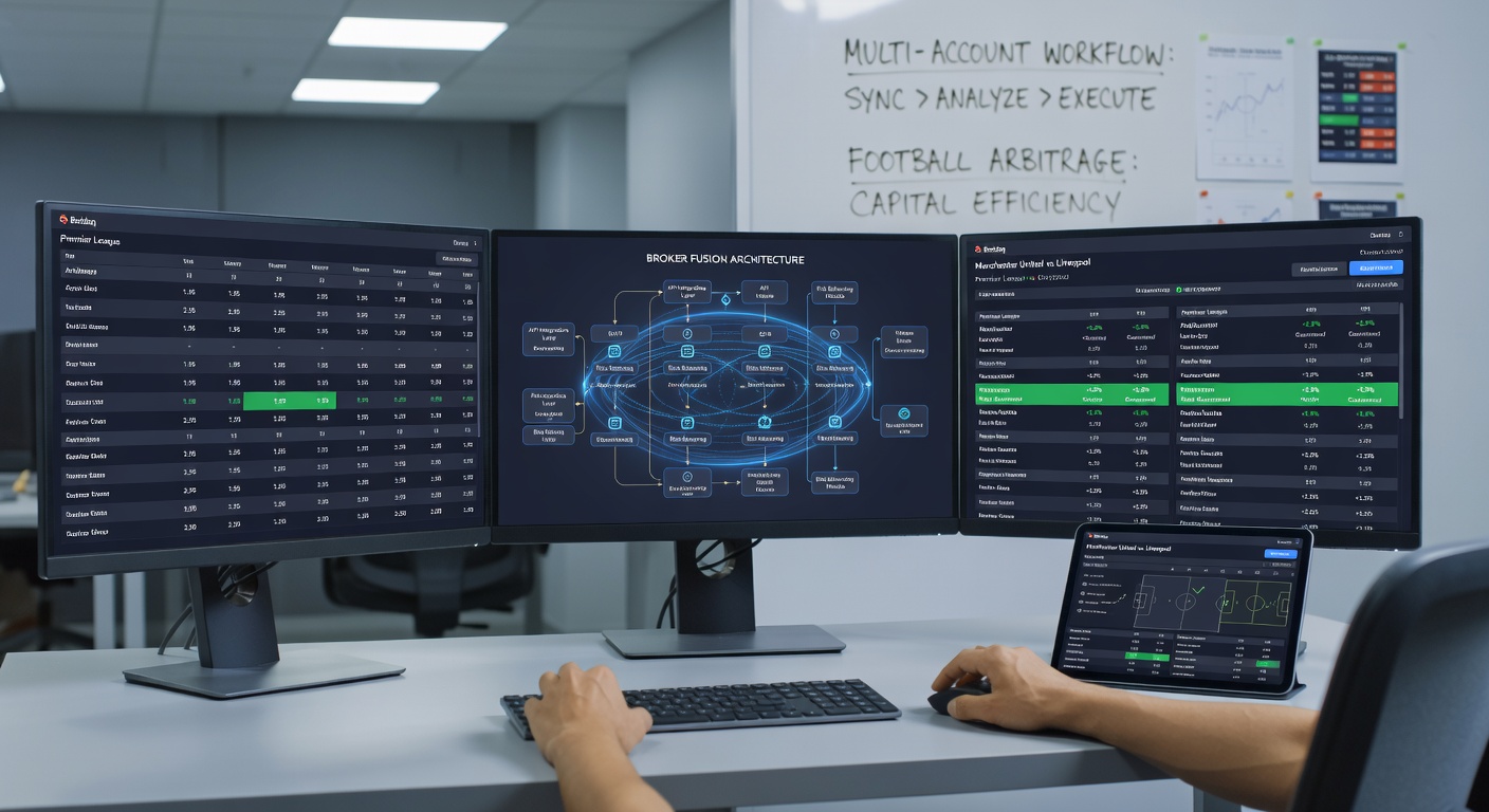 Screenshot of a multi-account dashboard displaying live football arbitrage opportunities between Betdaq and integrated brokers