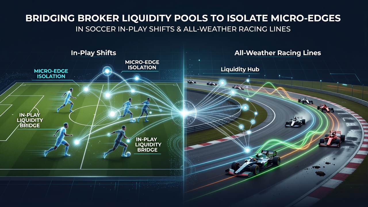 Broker liquidity pool integration diagram showing real-time data flows across soccer in-play markets and all-weather racing lines