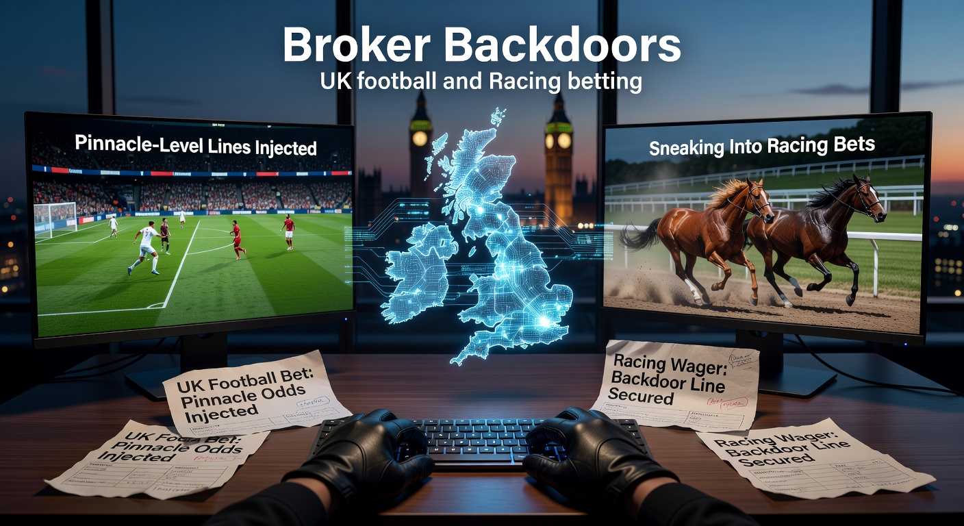 Digital diagram showing broker pathways linking Pinnacle odds to UK bettors for football matches and horse races