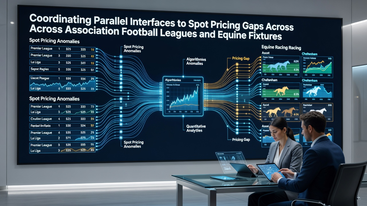 Diagram showing multiple data interfaces connected across football leagues and horse racing fixtures for real-time pricing analysis