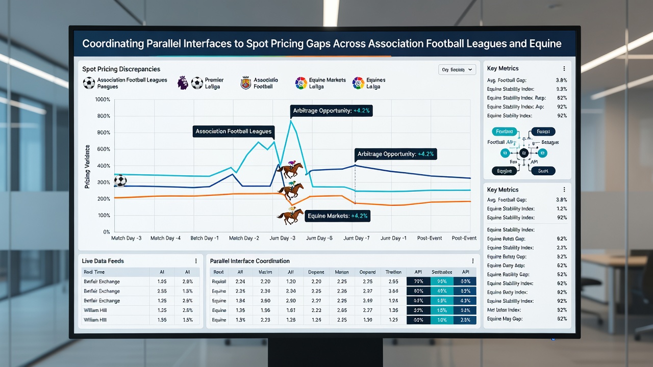 Screenshot of synchronized interface dashboards displaying live horse racing odds alongside football league pricing data