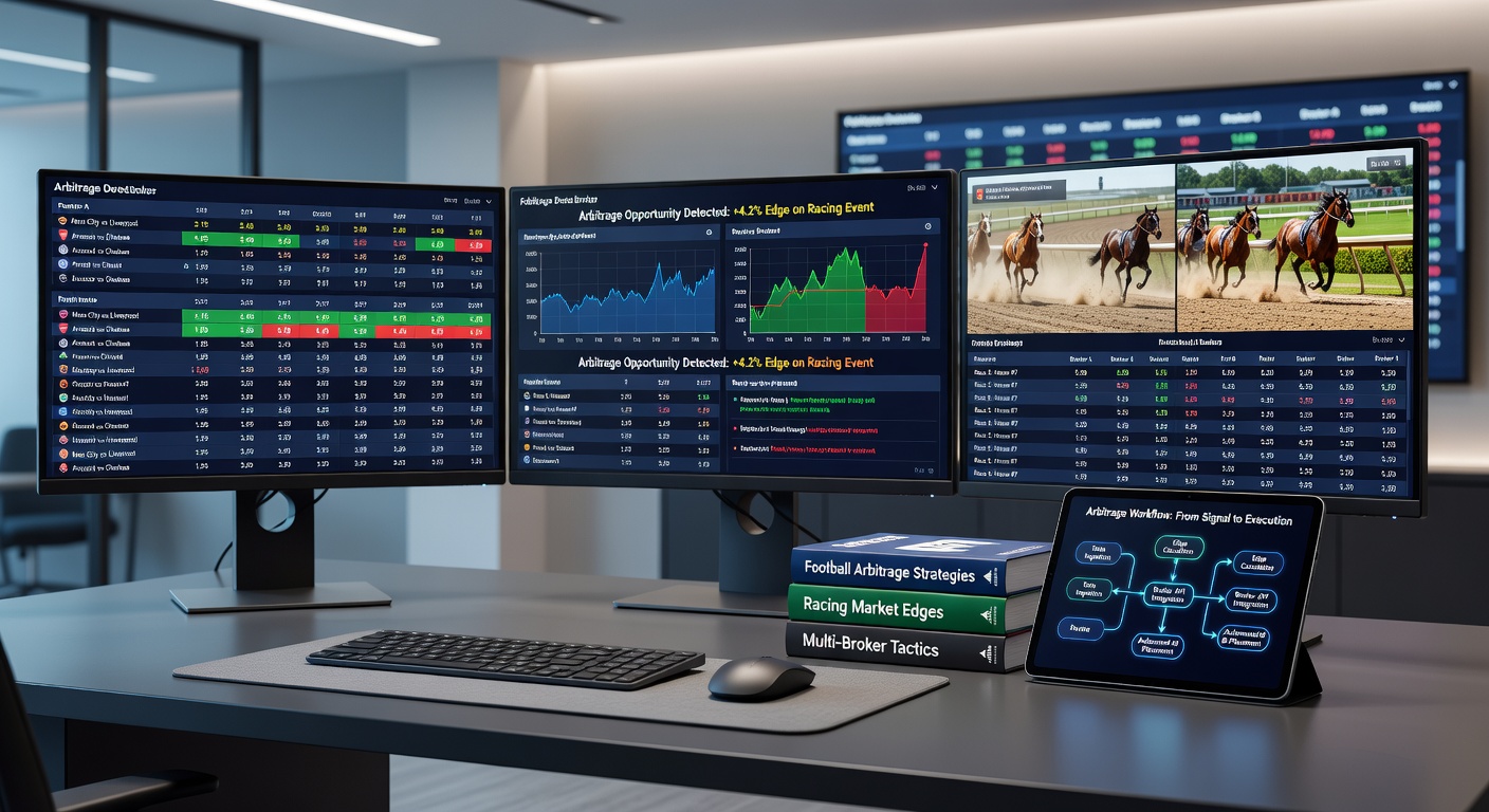 Chart illustrating stake distribution for a horse racing arbitrage across three brokers, showing guaranteed profit calculation