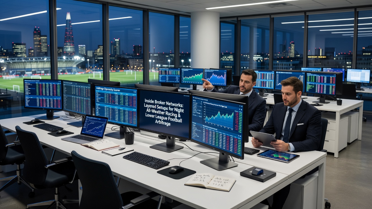 Diagram showing multi-broker connections for UK punters in racing and football arbitrage setups