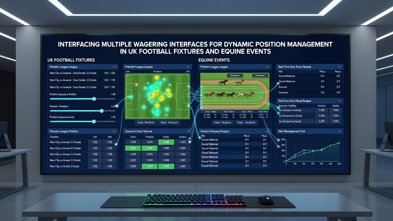 Dashboard view showing multiple betting platform interfaces connected for real-time position tracking in football and horse racing markets