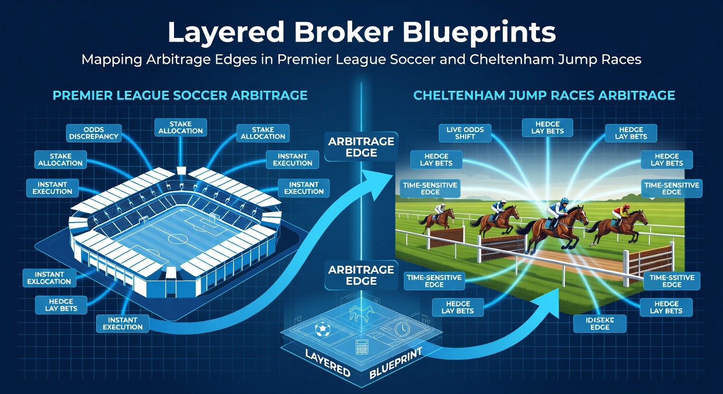 Digital blueprint overlay on Premier League soccer pitch and Cheltenham racecourse, illustrating layered broker networks for arbitrage opportunities