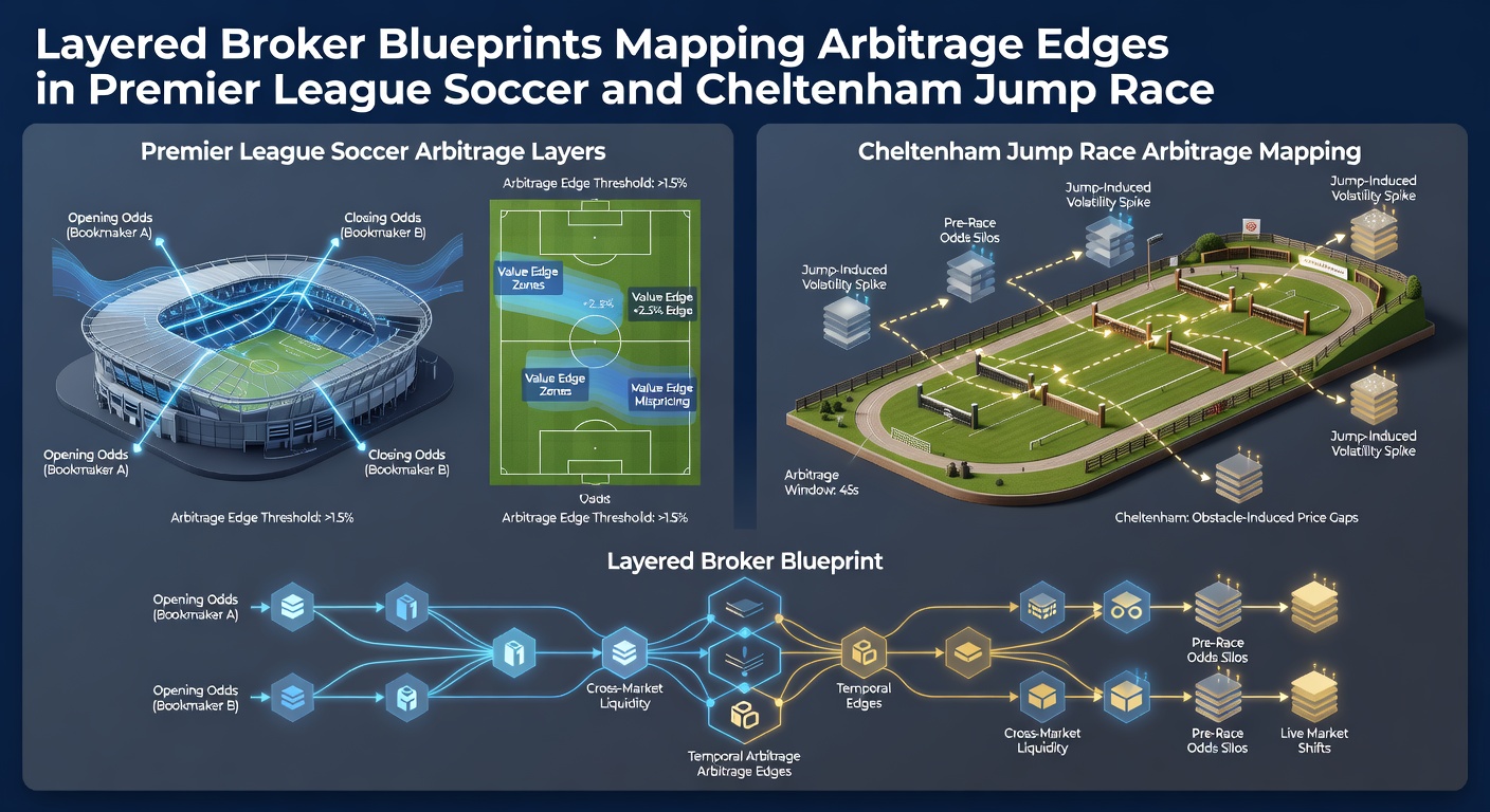 Close-up of Cheltenham racecourse jumps with overlaid broker layer diagrams and Premier League match graphics showing arbitrage flow paths