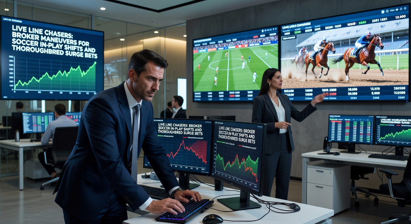 Traders at screens tracking rapid soccer in-play line movements across broker dashboards, highlighting multi-platform odds comparisons