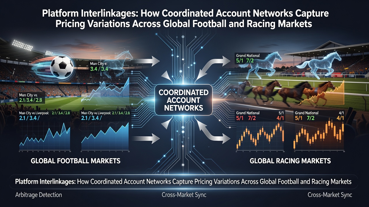 Diagram showing interconnected betting platforms across global football and racing markets wth account network flows