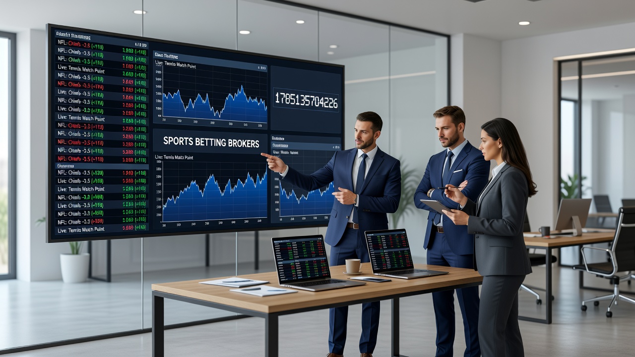 Sports betting brokers reviewing market data on multiple screens