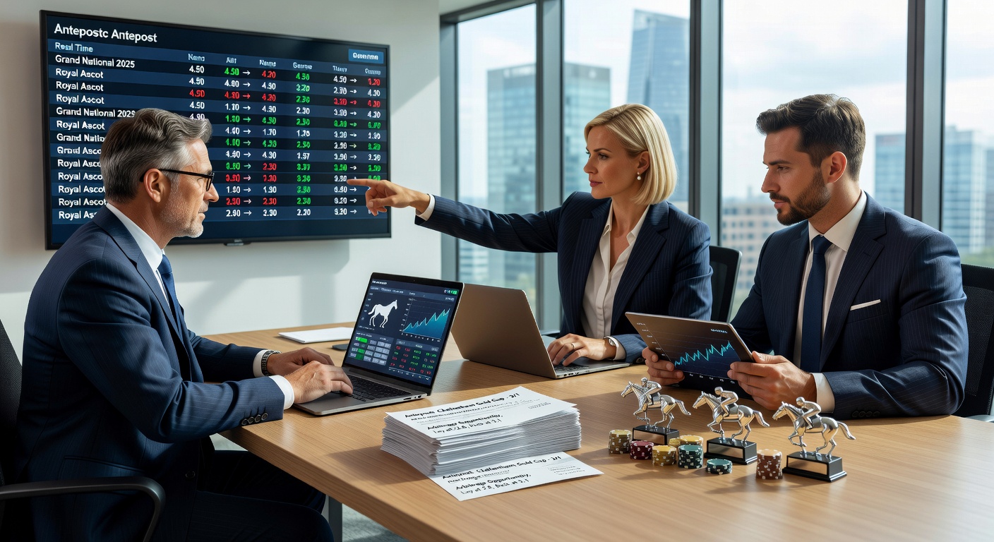 Digital dashboard displaying stacked antepost bets across brokers and books, with profit calculators highlighting arb percentages on upcoming races