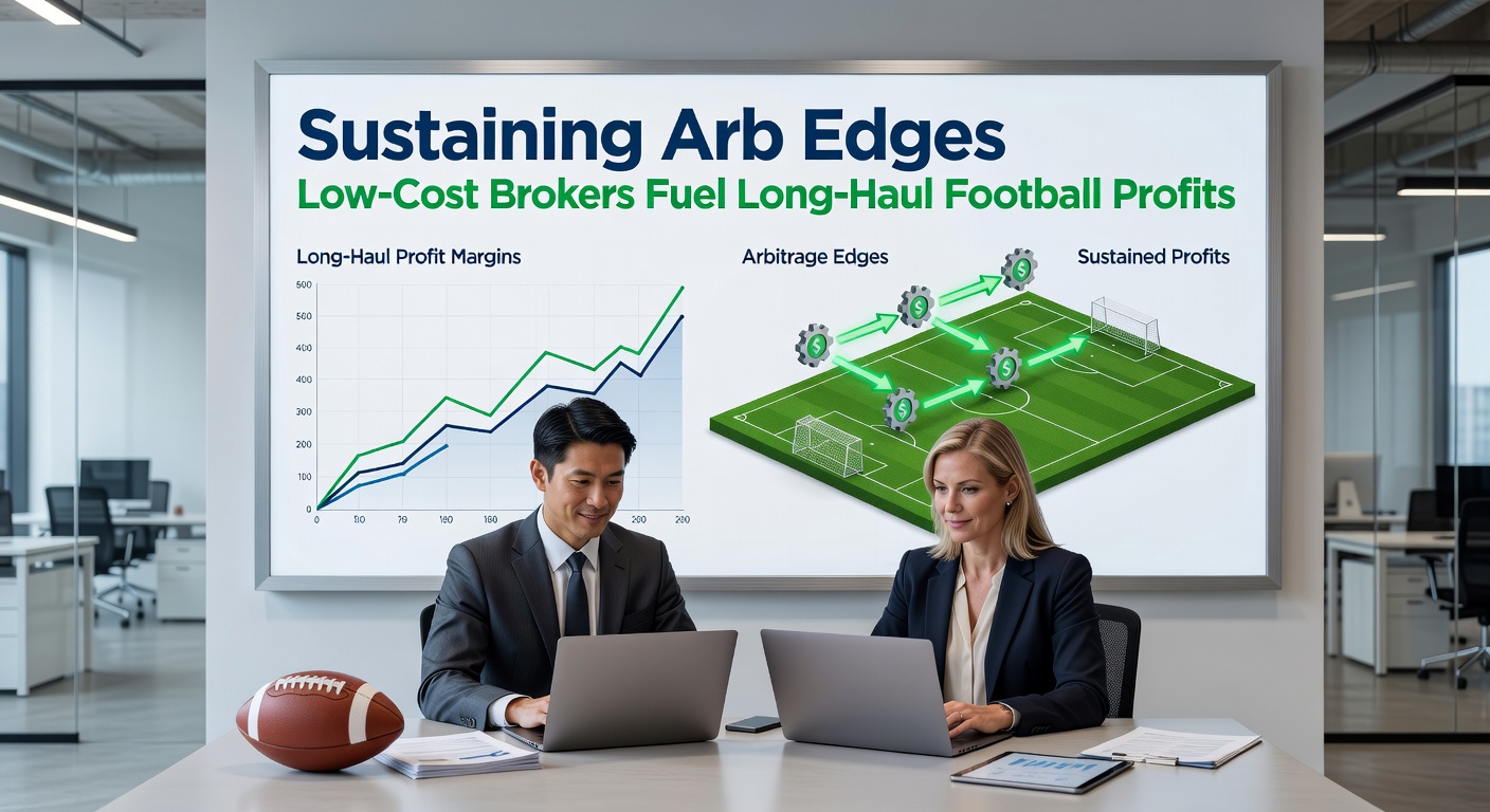 Football pitch with overlaid digital screens showing arbitrage betting odds from broker platforms, highlighting sharp line movements
