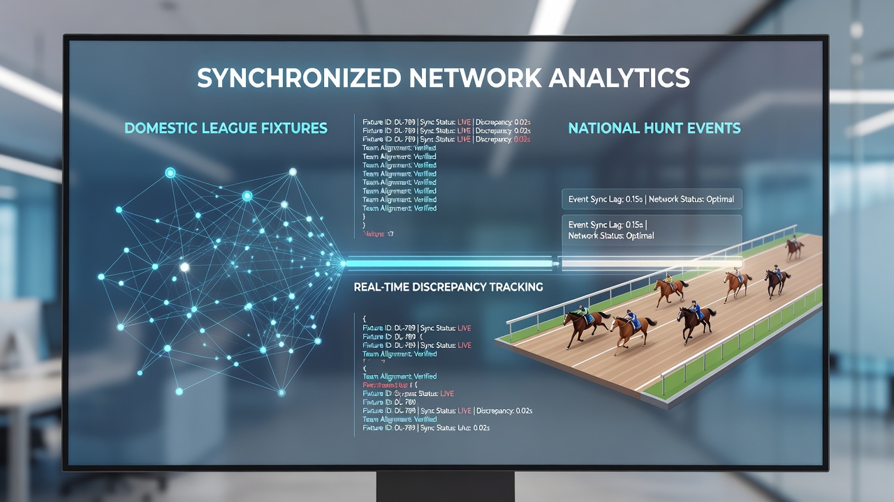 Network diagram showing synchronized betting accounts connected to live football and horse racing data feeds