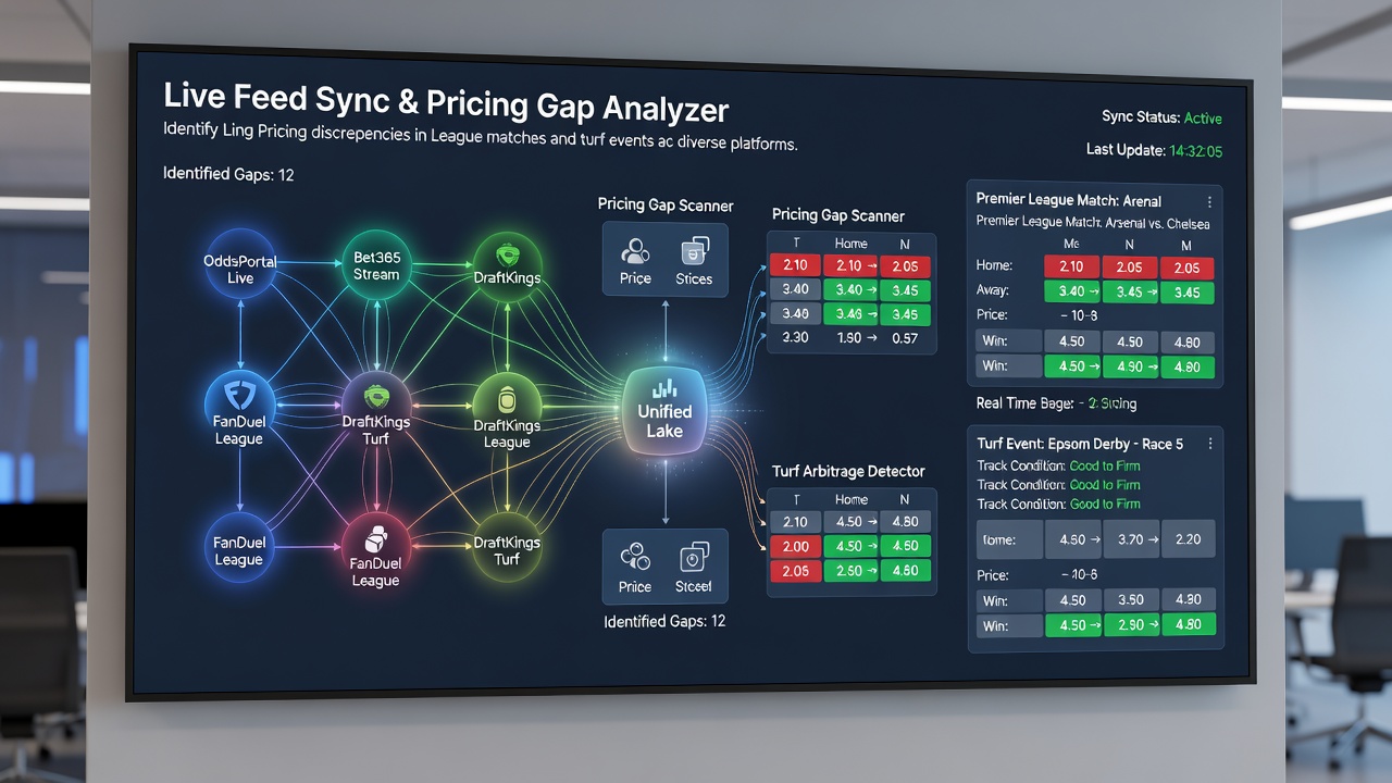 Screenshot of a dashboard displaying synchronized live odds and detected pricing gaps in football and racing markets