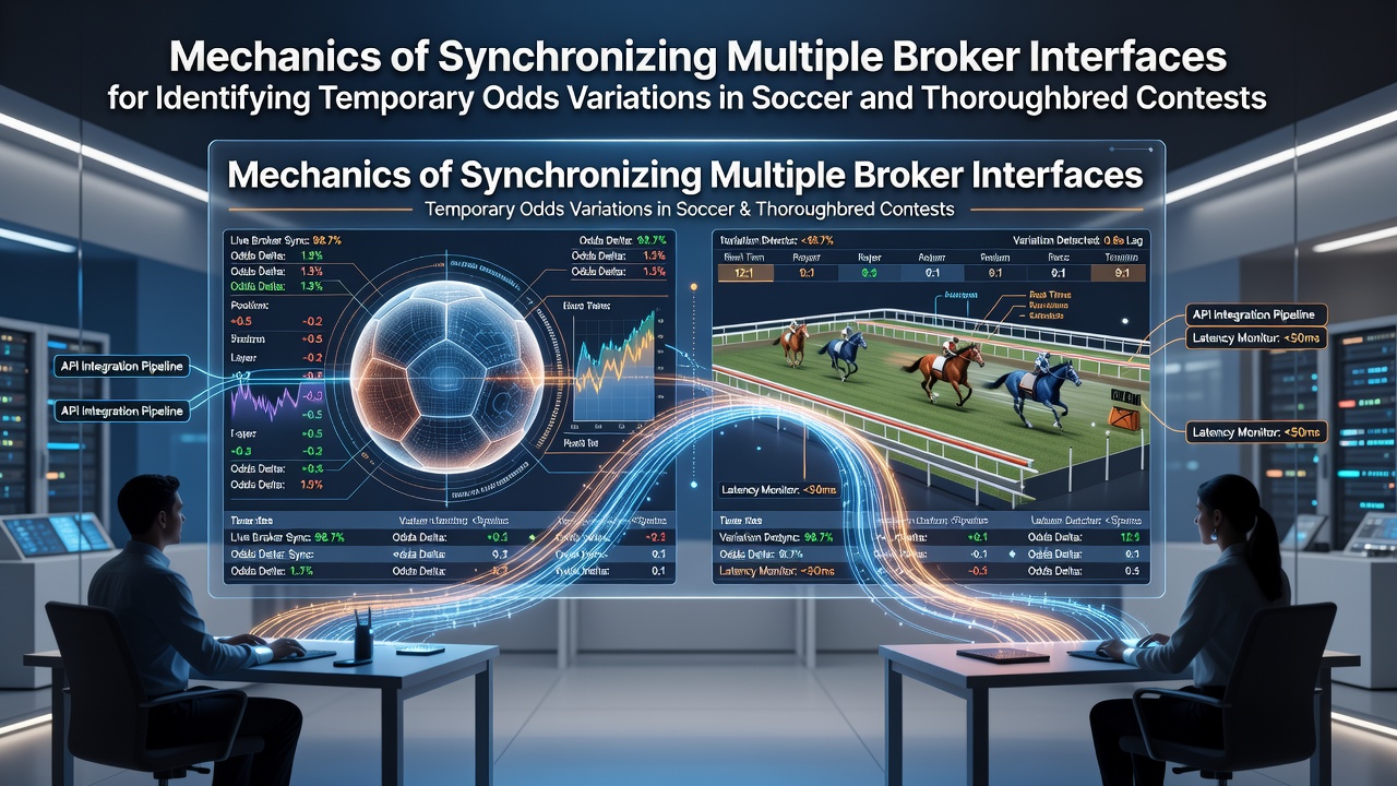 Diagram showing interconnected broker interfaces and live data streams for soccer and horse racing odds comparison