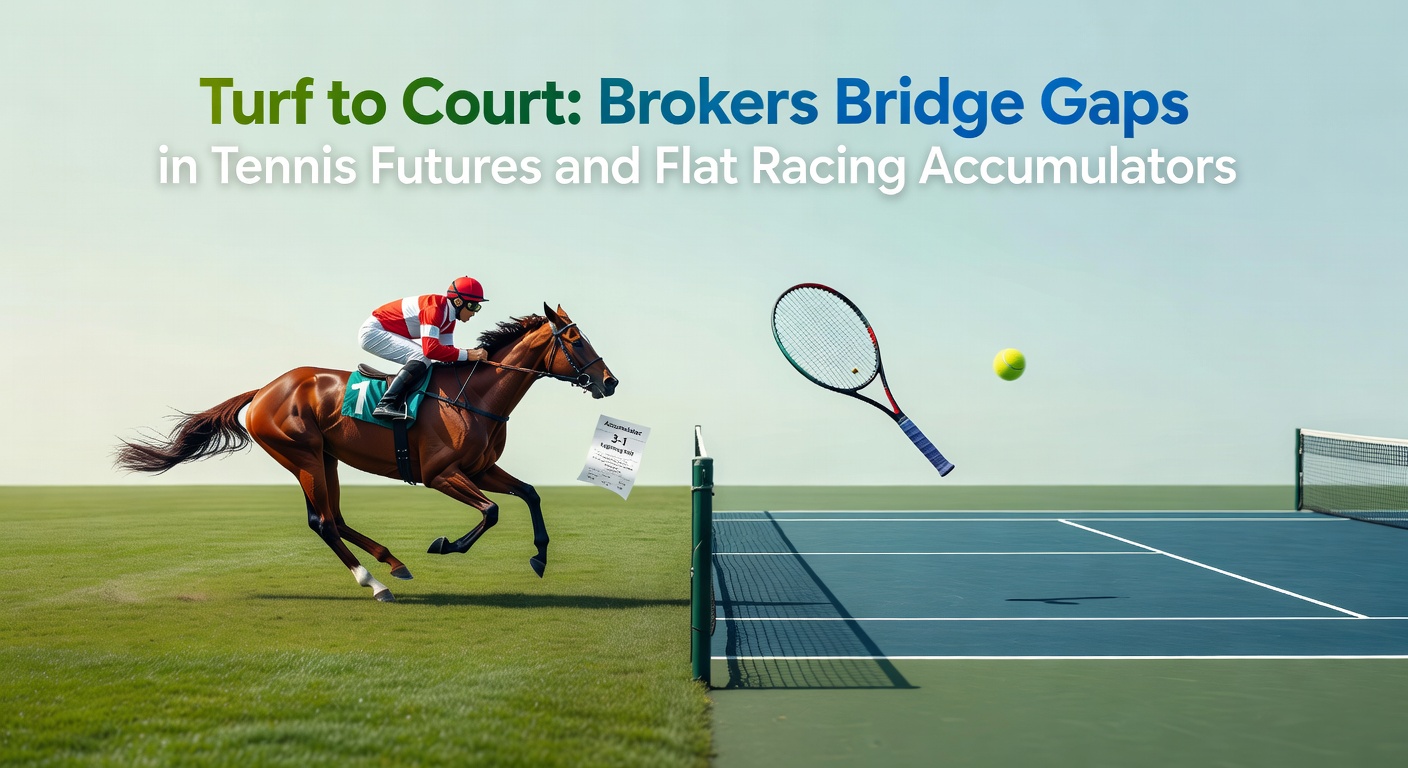 Tennis player serving on clay court with overlaid flat racing horses galloping, symbolizing broker connections between sports betting markets