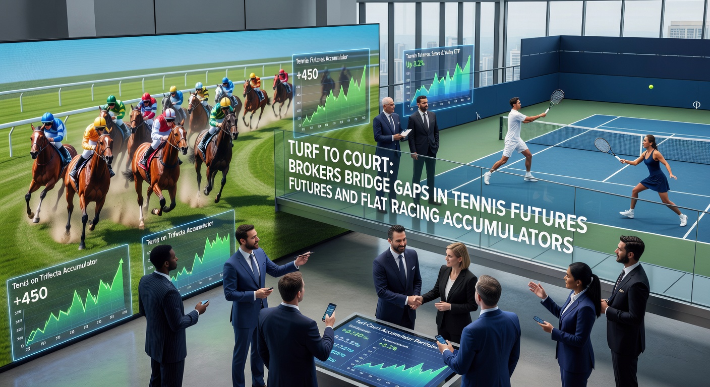 Digital dashboard showing broker interface with tennis futures odds and flat racing accumulator builder, illustrating seamless market bridging